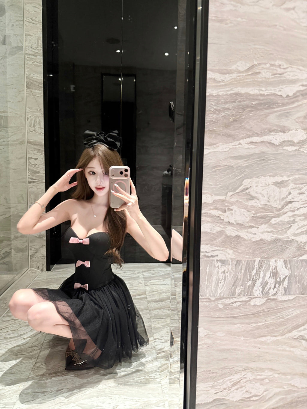 💕法式純欲粉色蝴蝶結抹胸小禮服