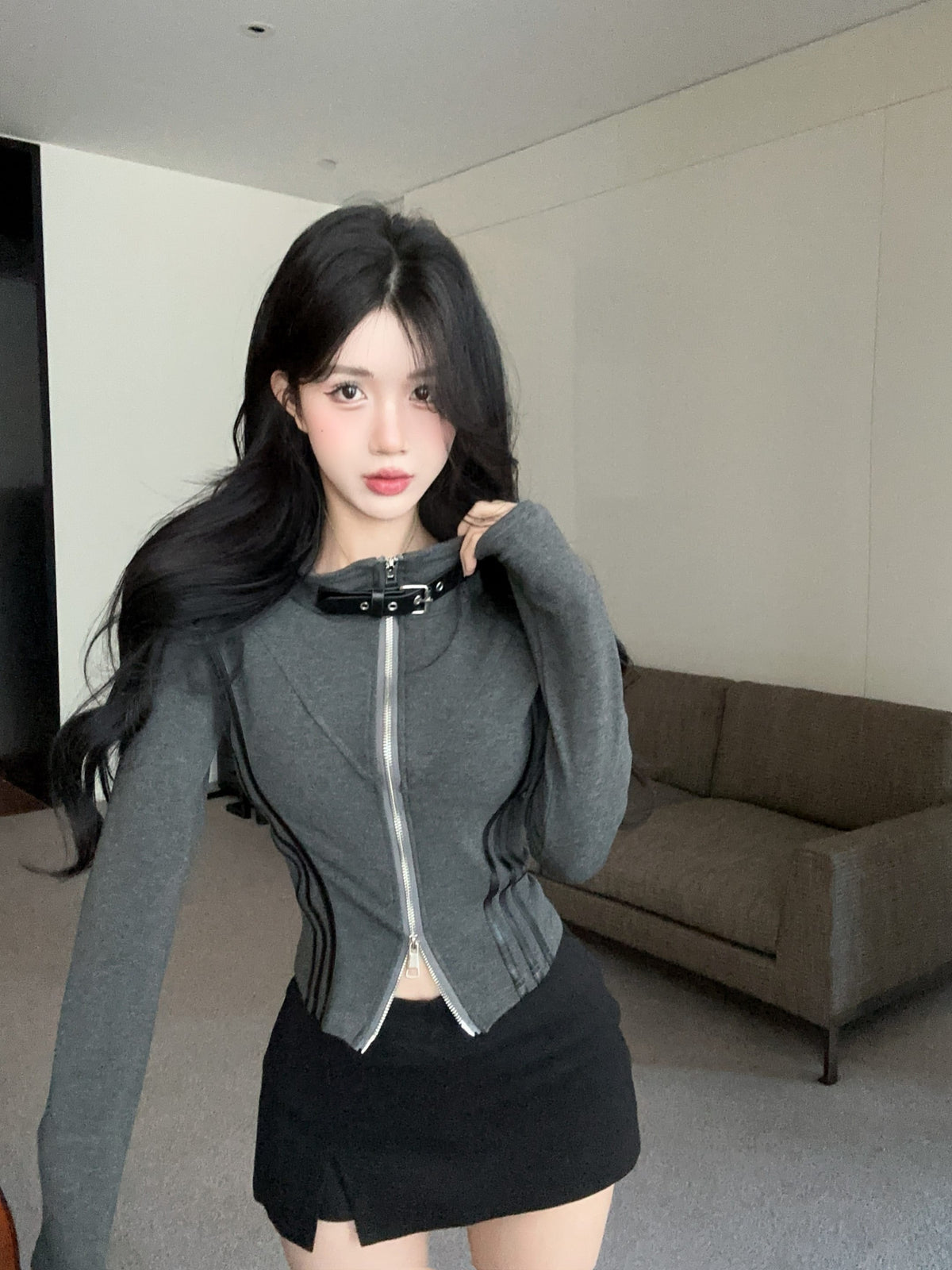💕甜酷颯設計長袖翻領雙拉鍊顯瘦外套