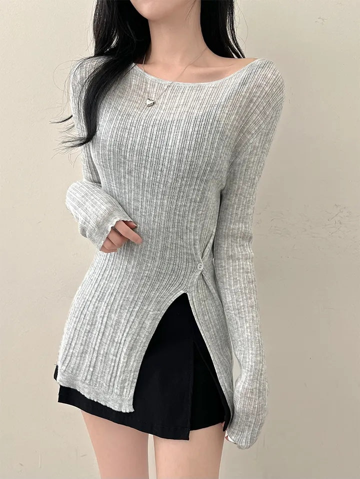 💕韓系春秋顯瘦設計感收腰開衩長袖上衣