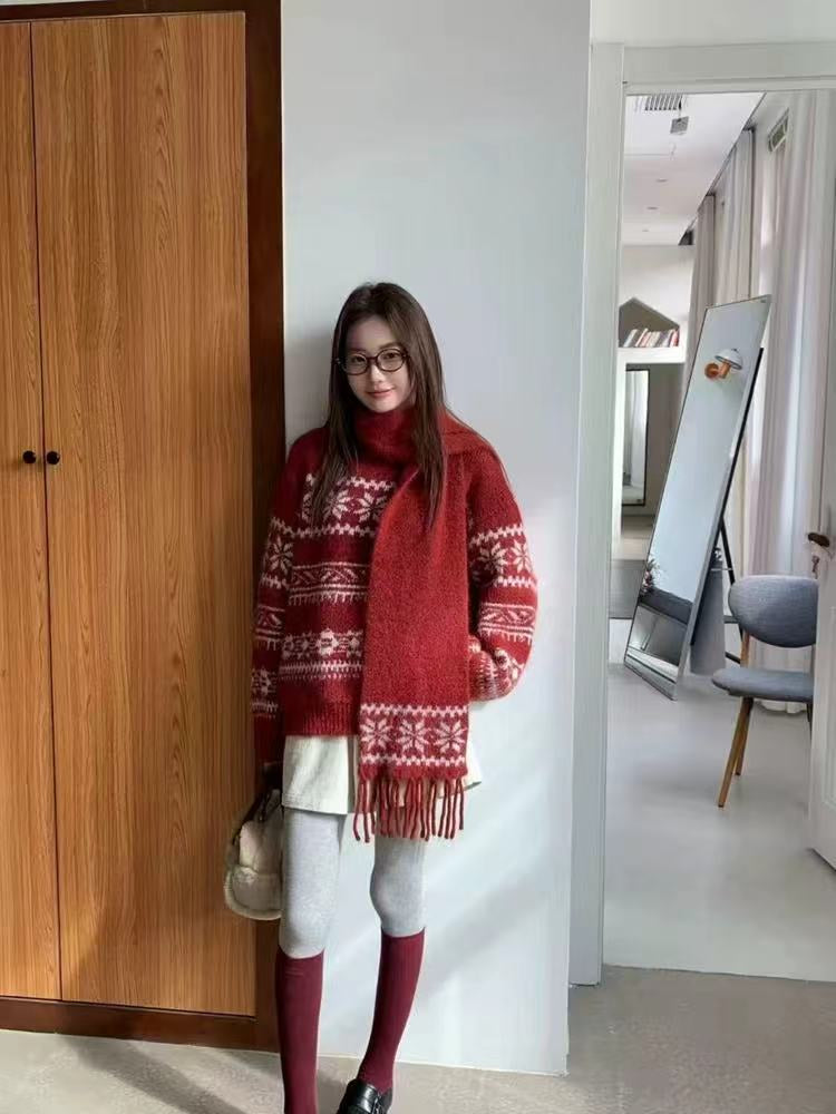 💕韓系圓領復古緹花拚色軟糯針織帶圍巾打底毛衣