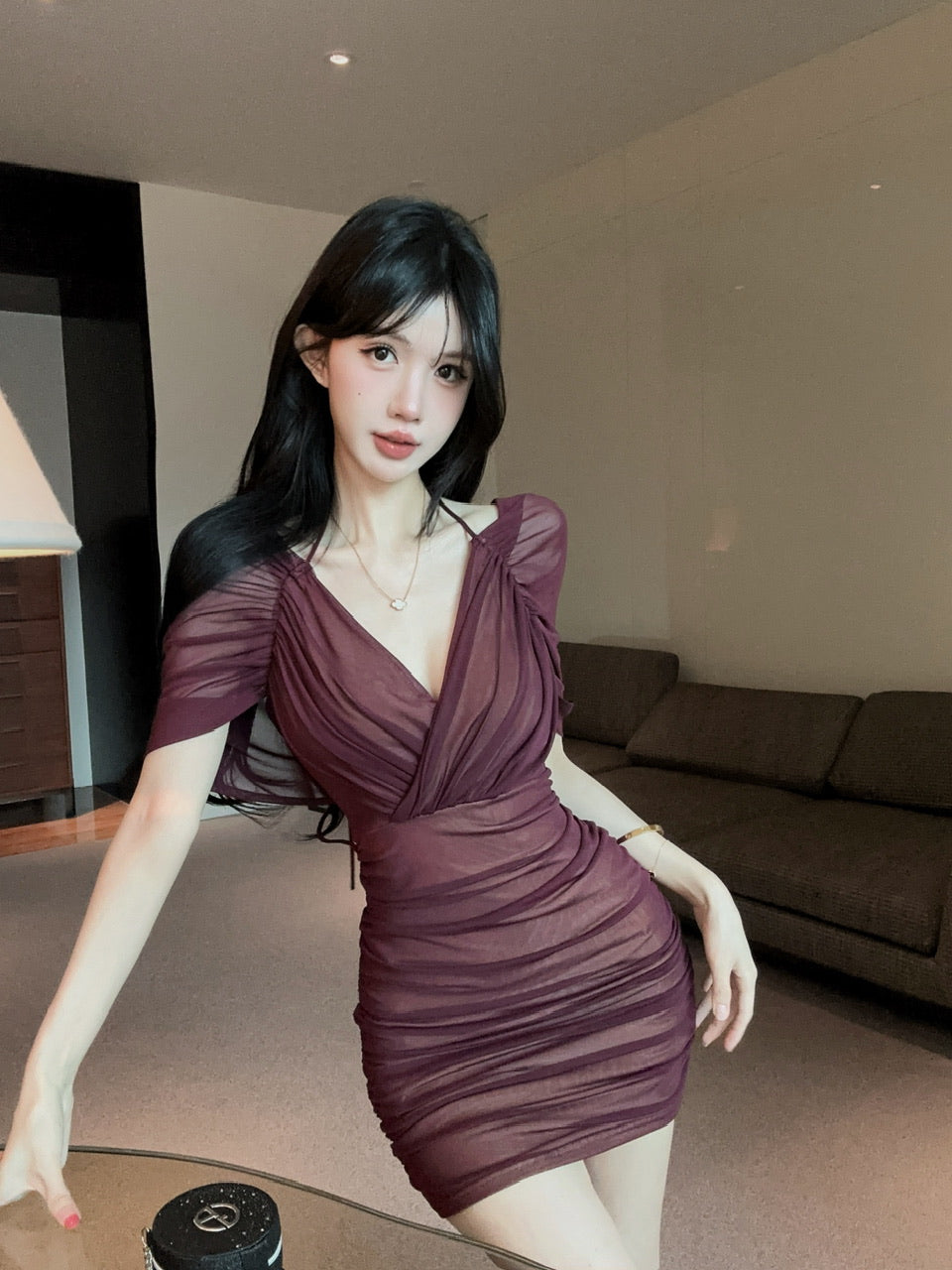 💕約會性感網紗綁帶包臀假兩件連身裙