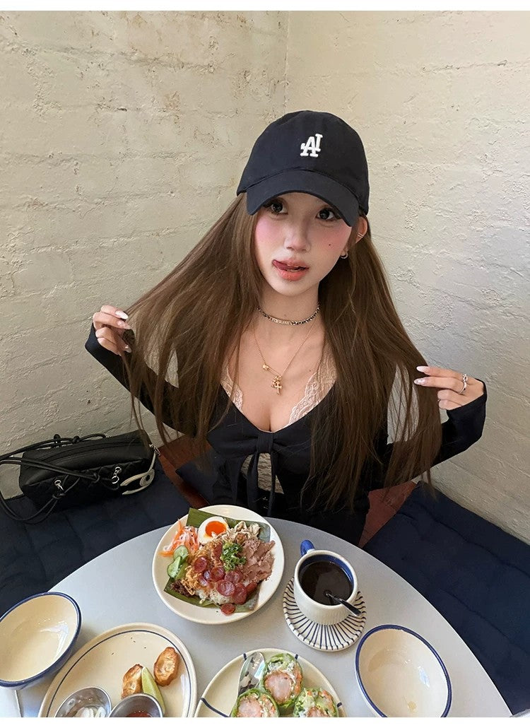 💕韓系辣妹V領長袖蕾絲拼接顯瘦上衣