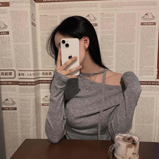 💕溫柔春秋純欲露肩+飄帶顯瘦法式上衣