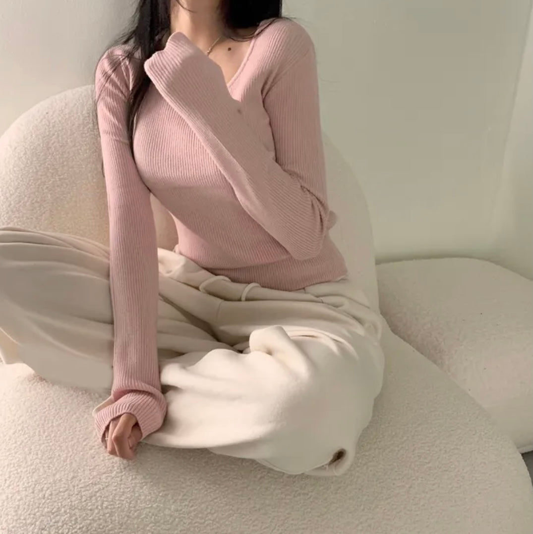 💕韓系chic長袖修身親膚針織打底百搭顯瘦上衣