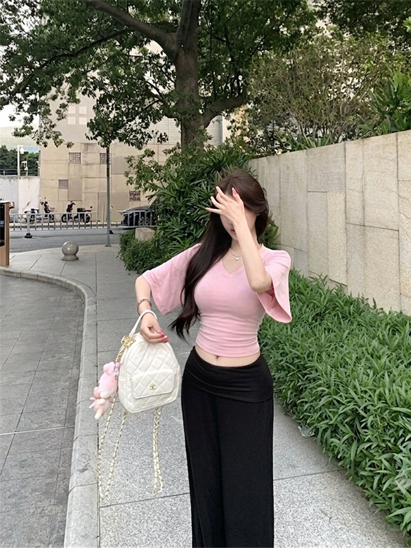 💕慵懶風V領收腰顯瘦蝙蝠袖上衣&直筒褲套裝