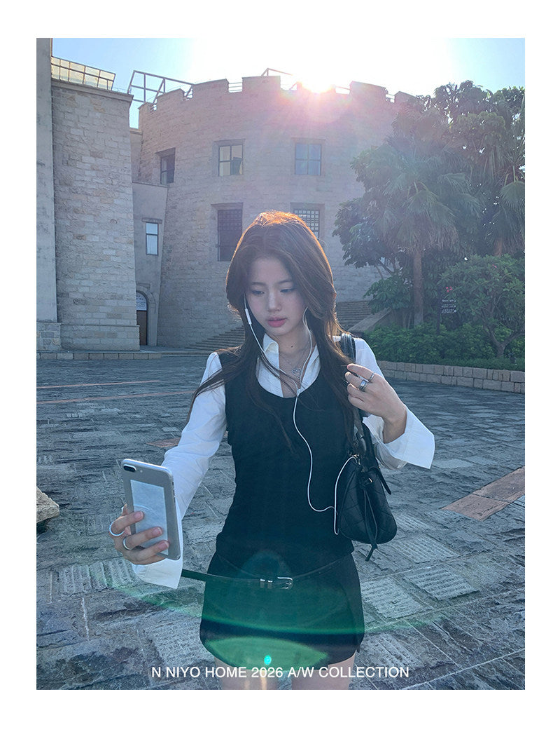 💕韓系學院風撞色假兩件襯衫上衣