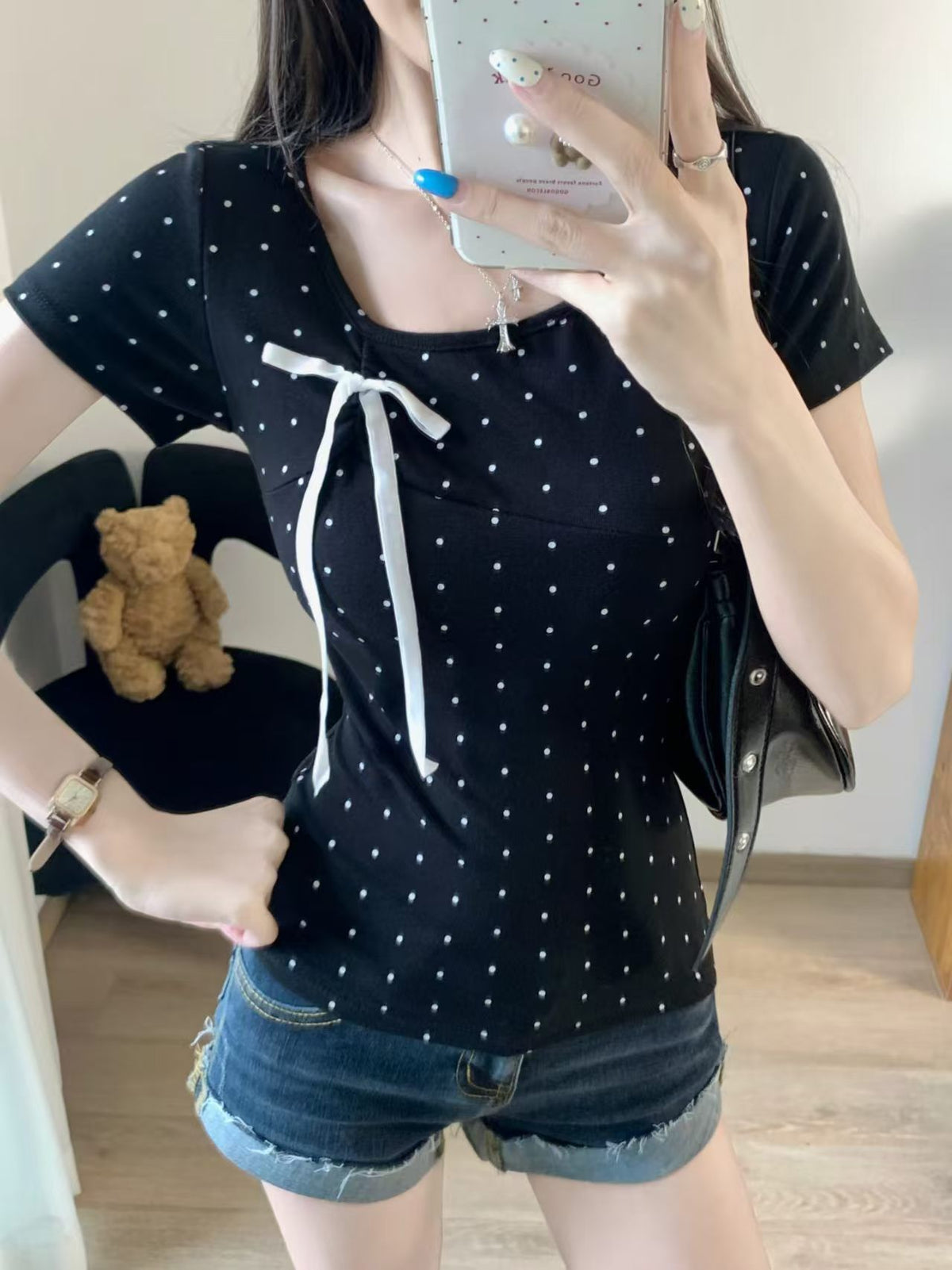 💕簡約百搭休閒帶胸墊蝴蝶結點點正肩上衣