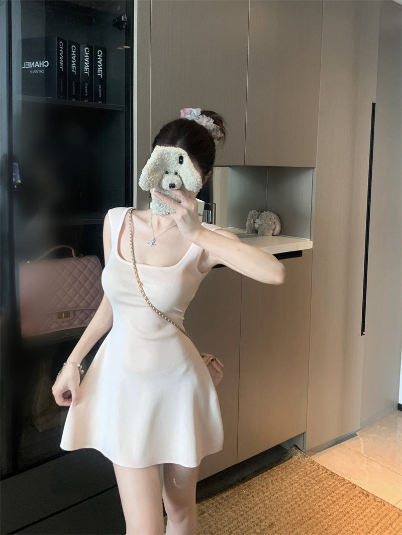 💕夏季法式方領針織連衣包臀短裙