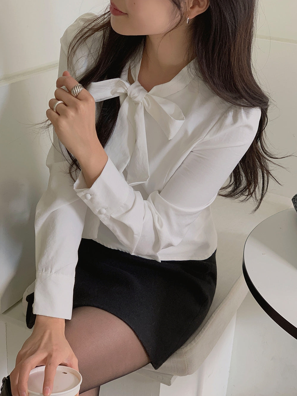 💕ins溫柔飄帶蝴蝶結泡泡袖修身顯瘦上衣