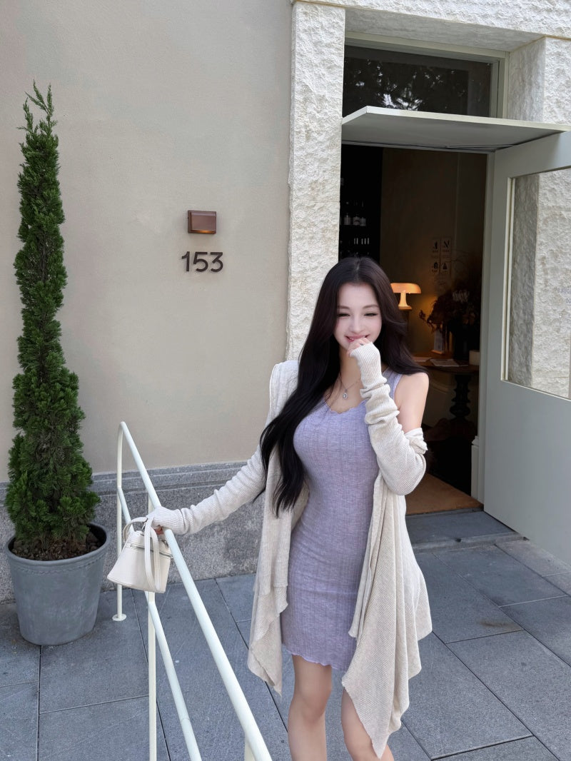💕簡約百搭圓領吊帶收腰包臀連身裙+開衫