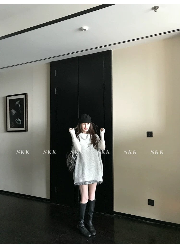 💕春季疊穿羊毛拉毛高領背心馬甲慵懶毛衫