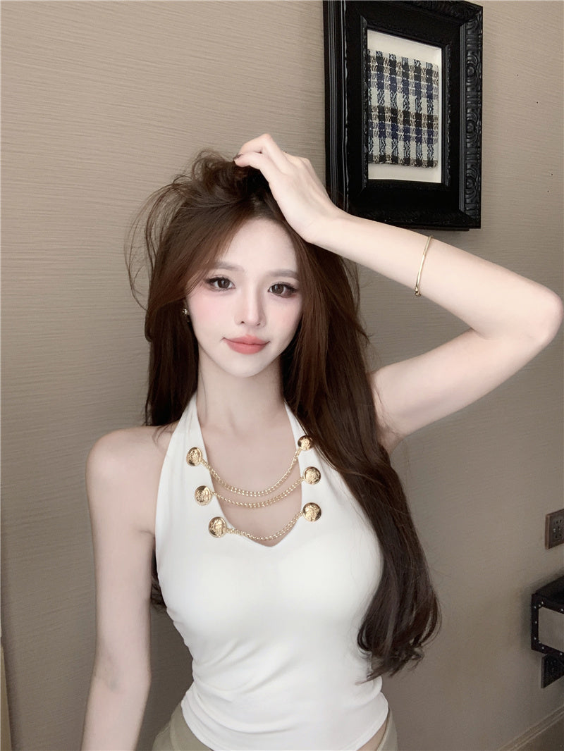 💕V領掛脖吊帶短版絕美上衣