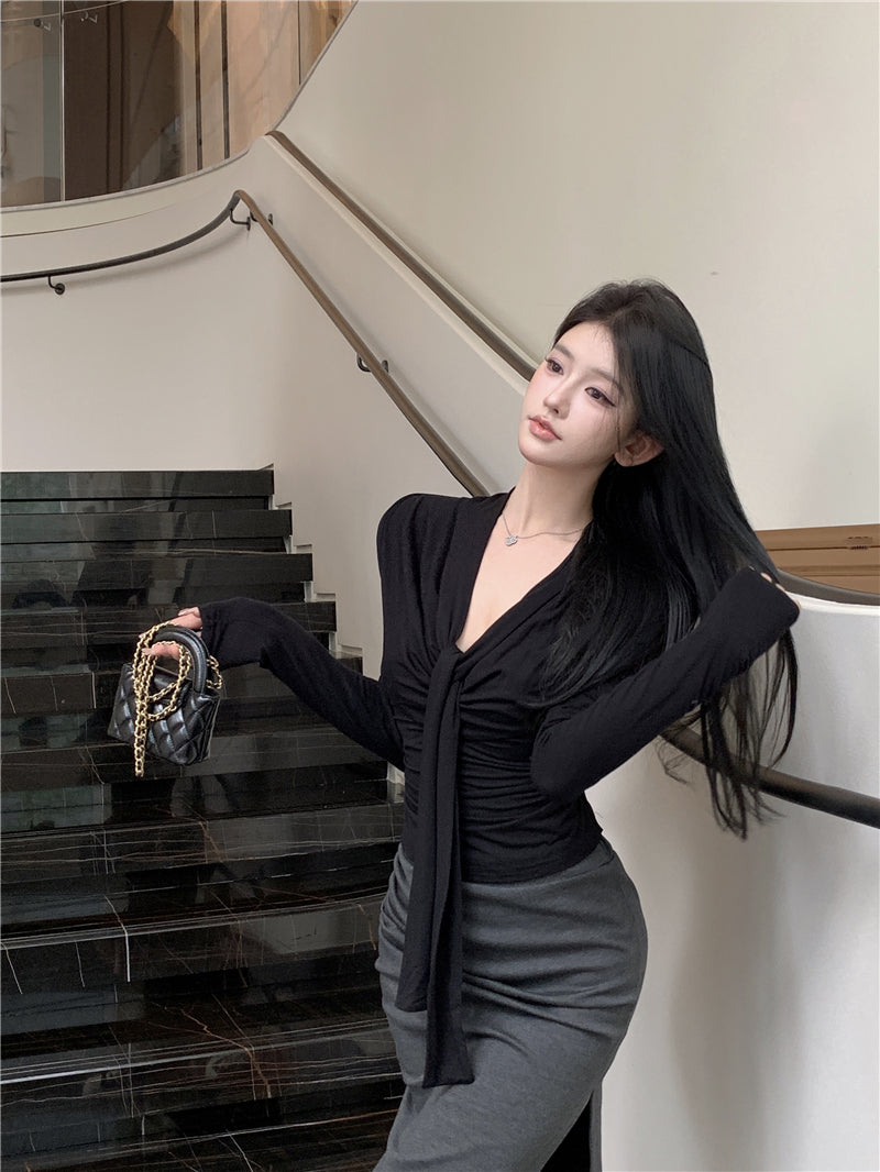 💕韓系設計感褶皺盪領飄帶長袖打底衣