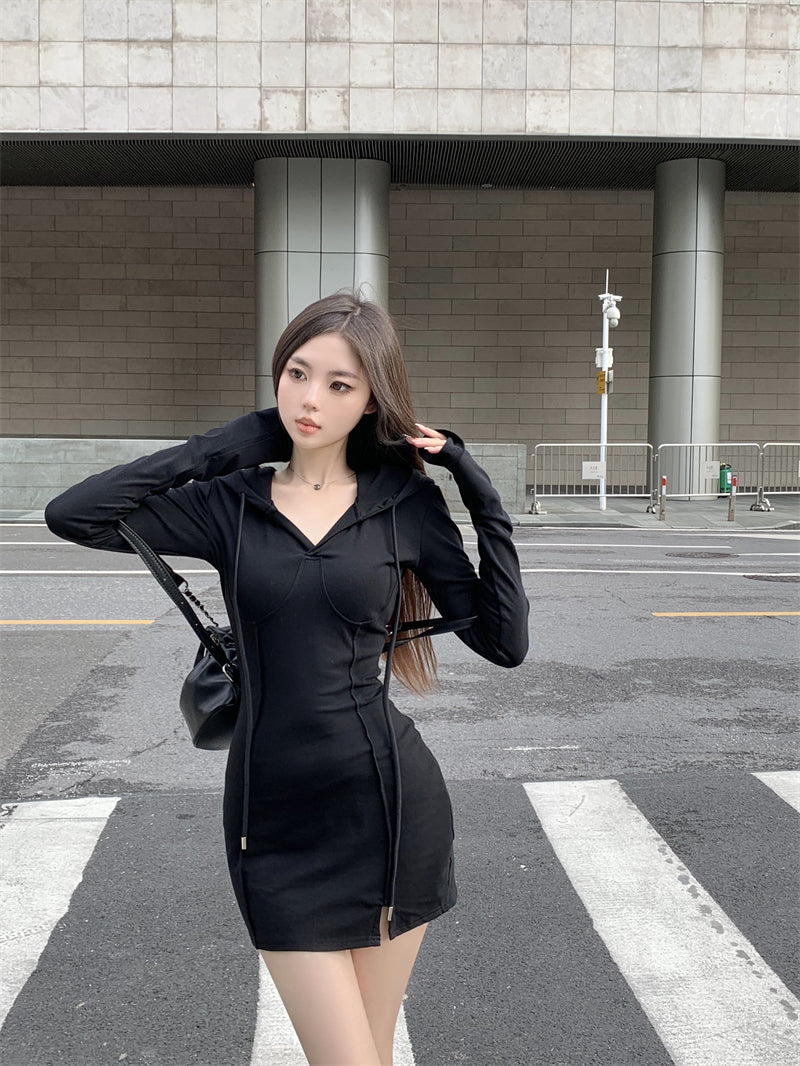 💕秋款連帽長袖收腰緊身包臀裙