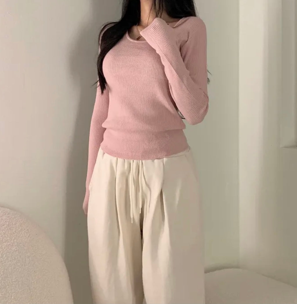 💕韓系chic長袖修身親膚針織打底百搭顯瘦上衣