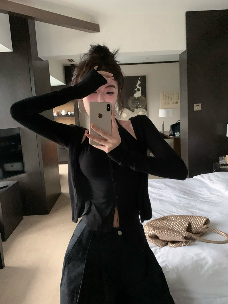 💕秋冬性感吊帶掛脖顯瘦假兩件打底上衣