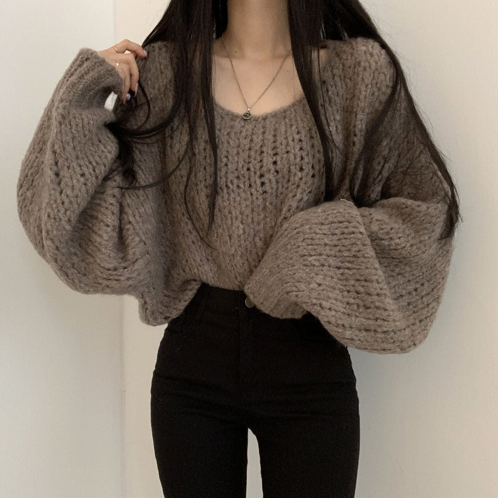 💕韓系chic春秋百搭寬鬆燈籠袖針織上衣