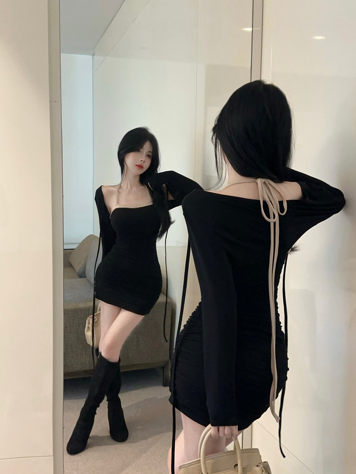 💕拚色系繩多種穿法包臀連身短裙+長袖短款罩衫兩件套