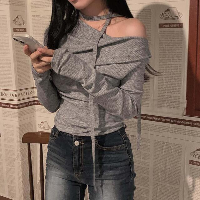 💕溫柔春秋純欲露肩+飄帶顯瘦法式上衣