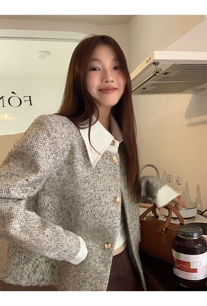 💕韓系秋冬假兩件拼接小香風加墊肩外套