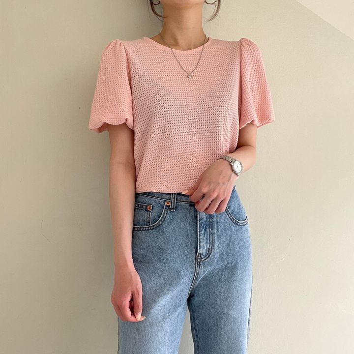 💕韓系溫柔華夫格鏤空圓領泡泡袖上衣