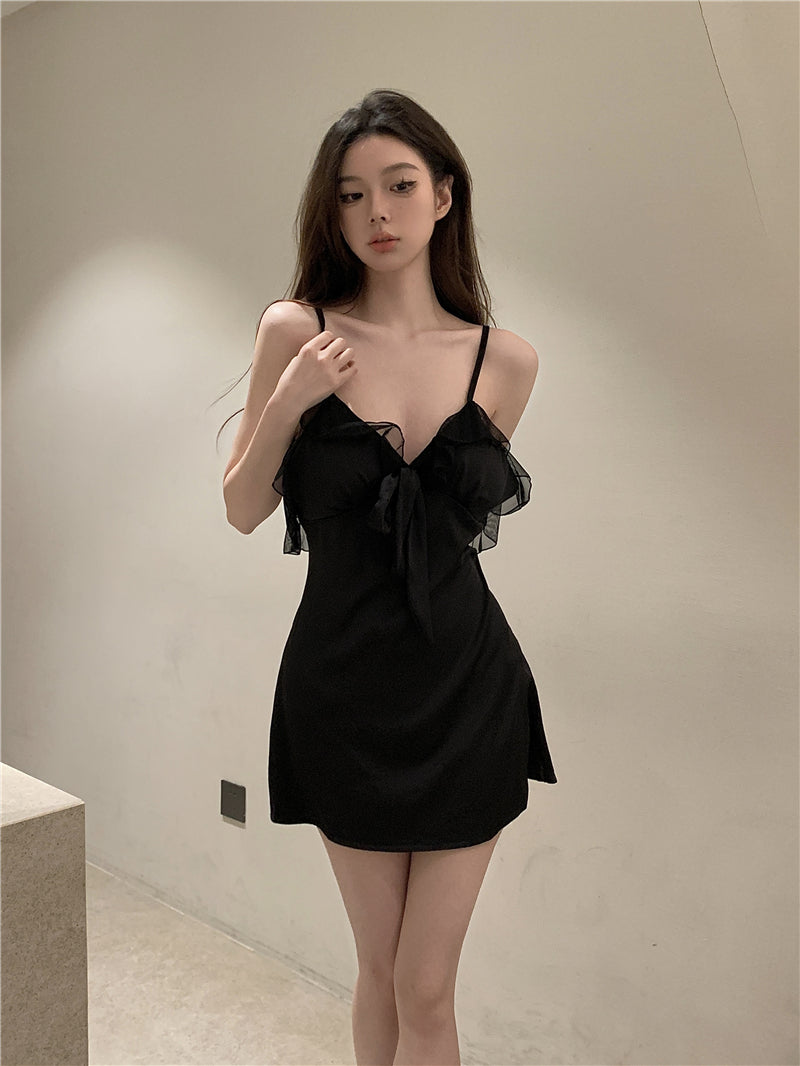 💕夜晚戰袍性感V領吊帶背心蝴蝶結睡衣裙