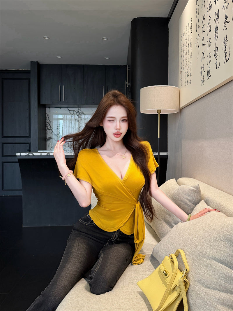 💕氣質優雅交叉V領綁帶T袖上衣