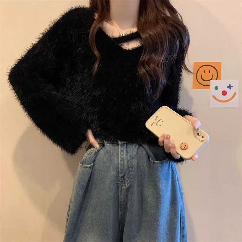 💕秋冬慵懶軟糯水貂毛短款上衣