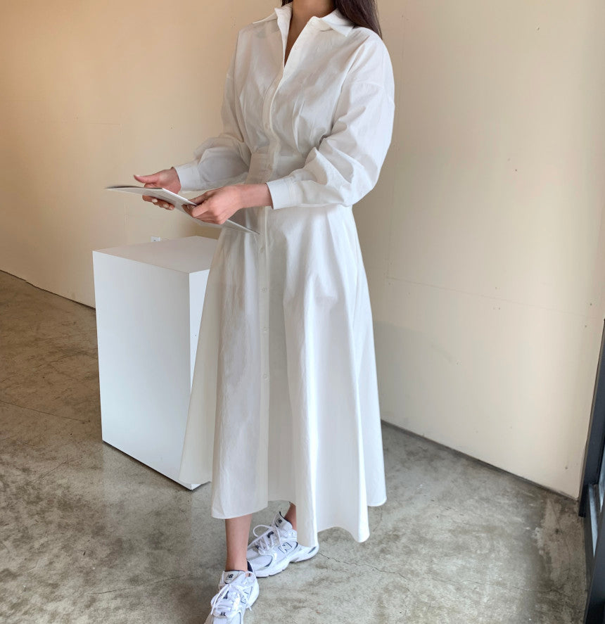 💕chic通勤簡約法式收腰顯瘦襯衫連身長裙