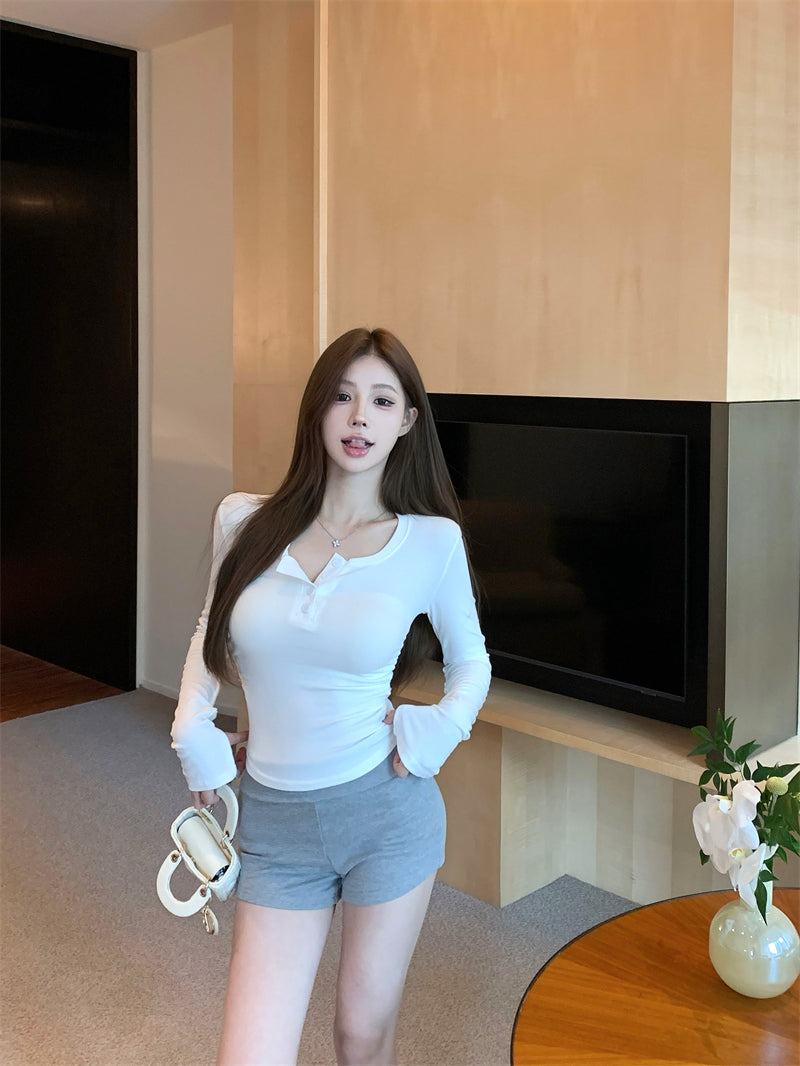 💕秋冬辣妹半高U領修身褶皺短磨毛內搭打底上衣