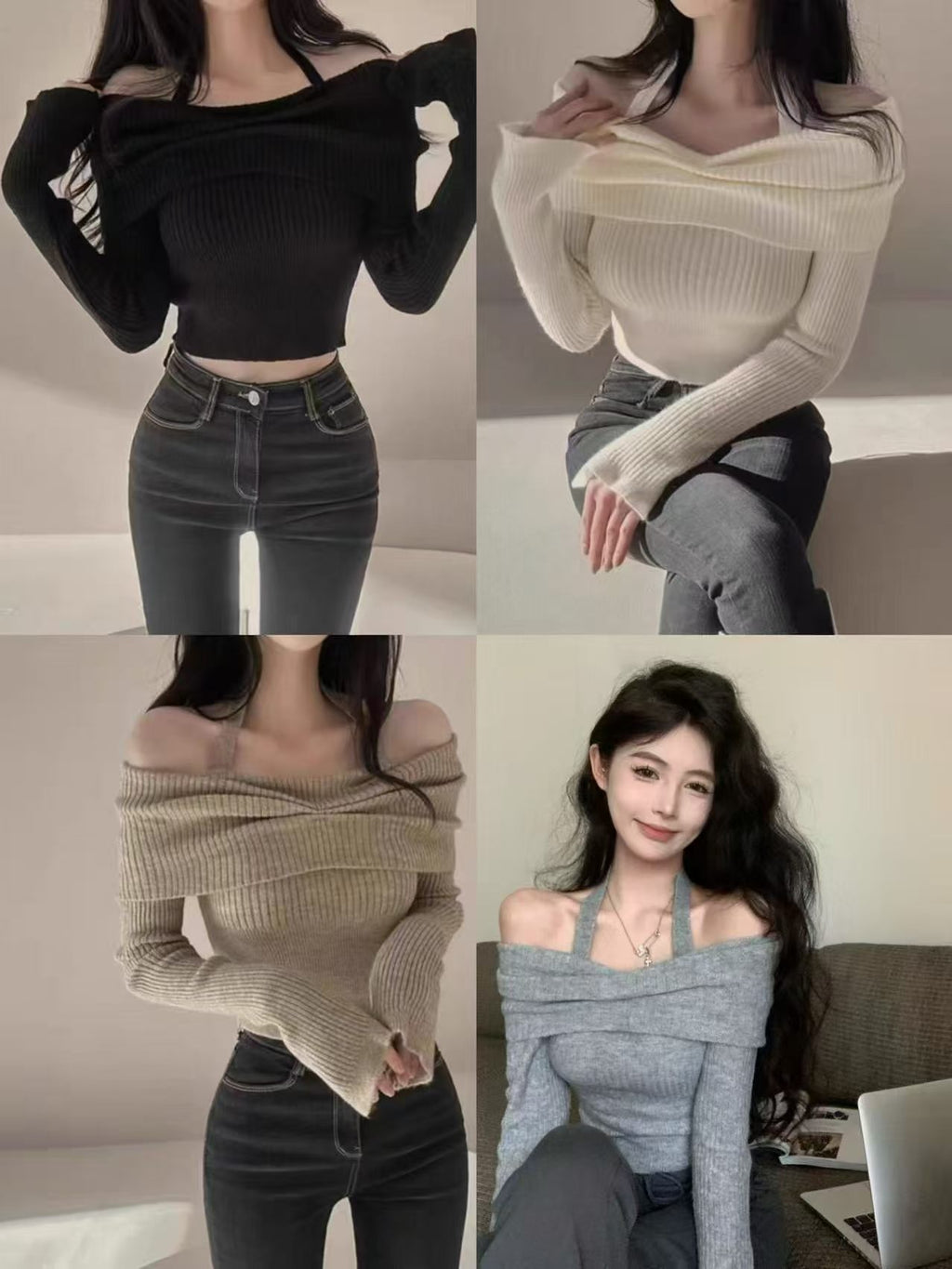 💕秋冬露肩掛脖喇叭袖針織毛衣
