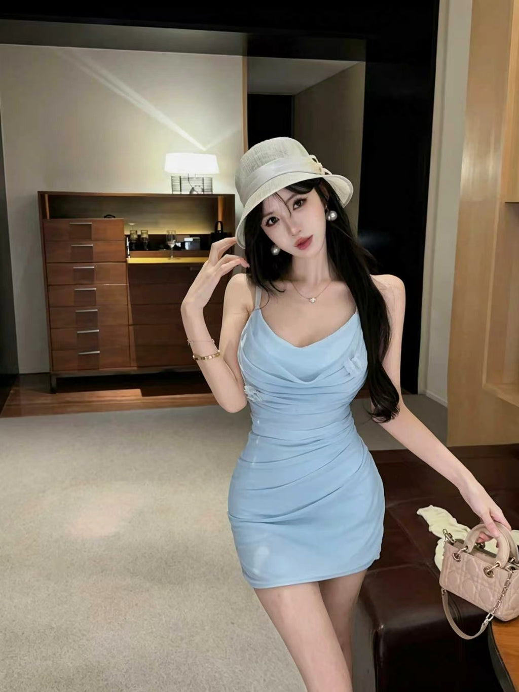 💕甜美性感褶皺修身吊帶連衣裙+開衫