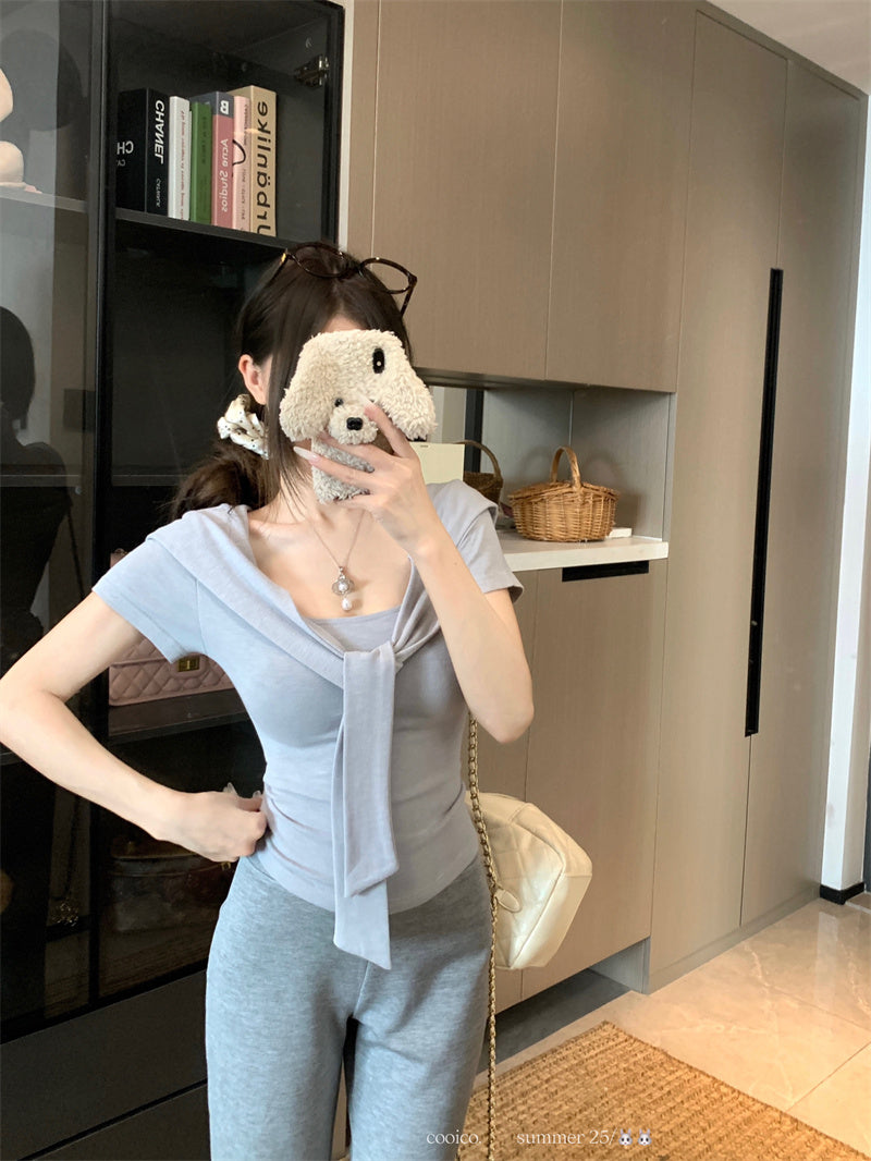 💕夏季綁帶方領短袖通勤百搭套裝