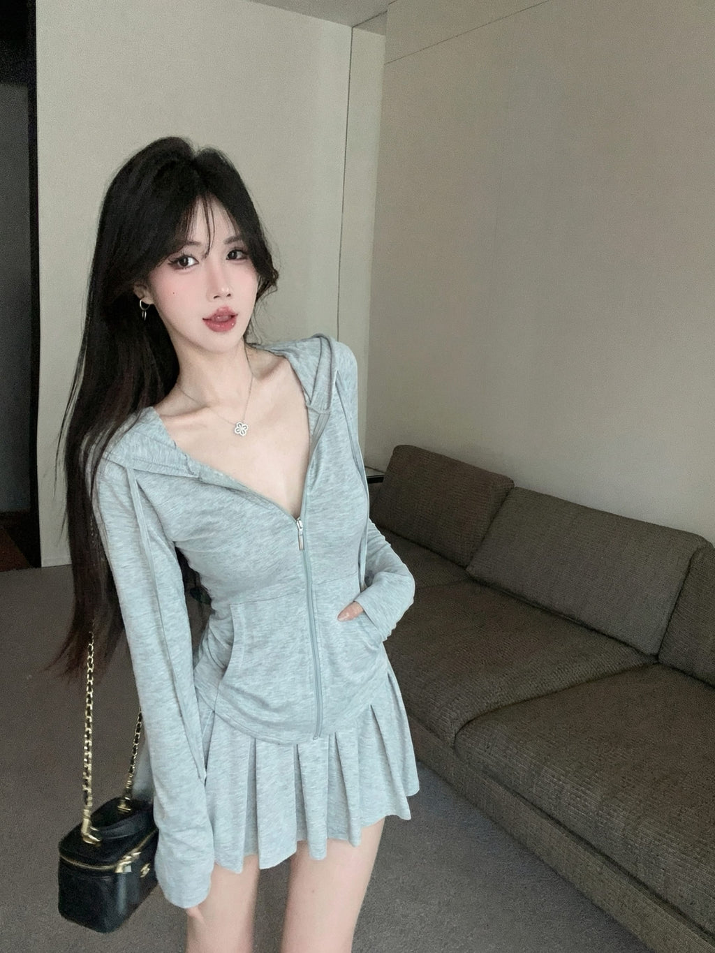 💕白開水套裝輕薄連帽抽繩短裙