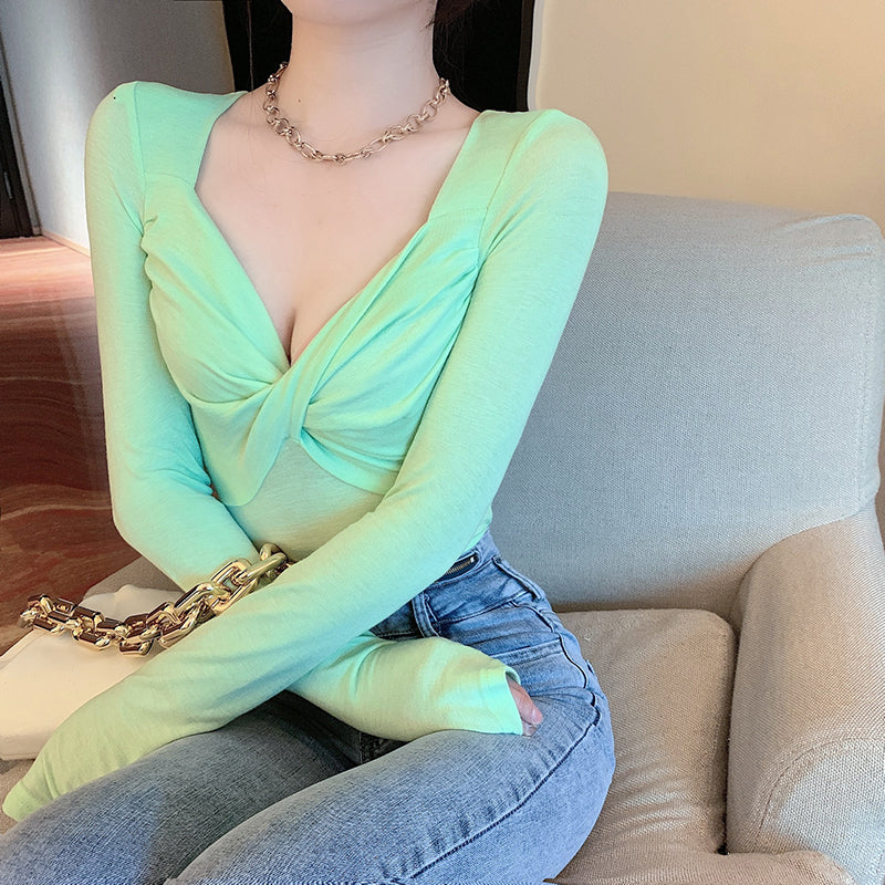 💕長袖V領扭結顯瘦打底衫上衣