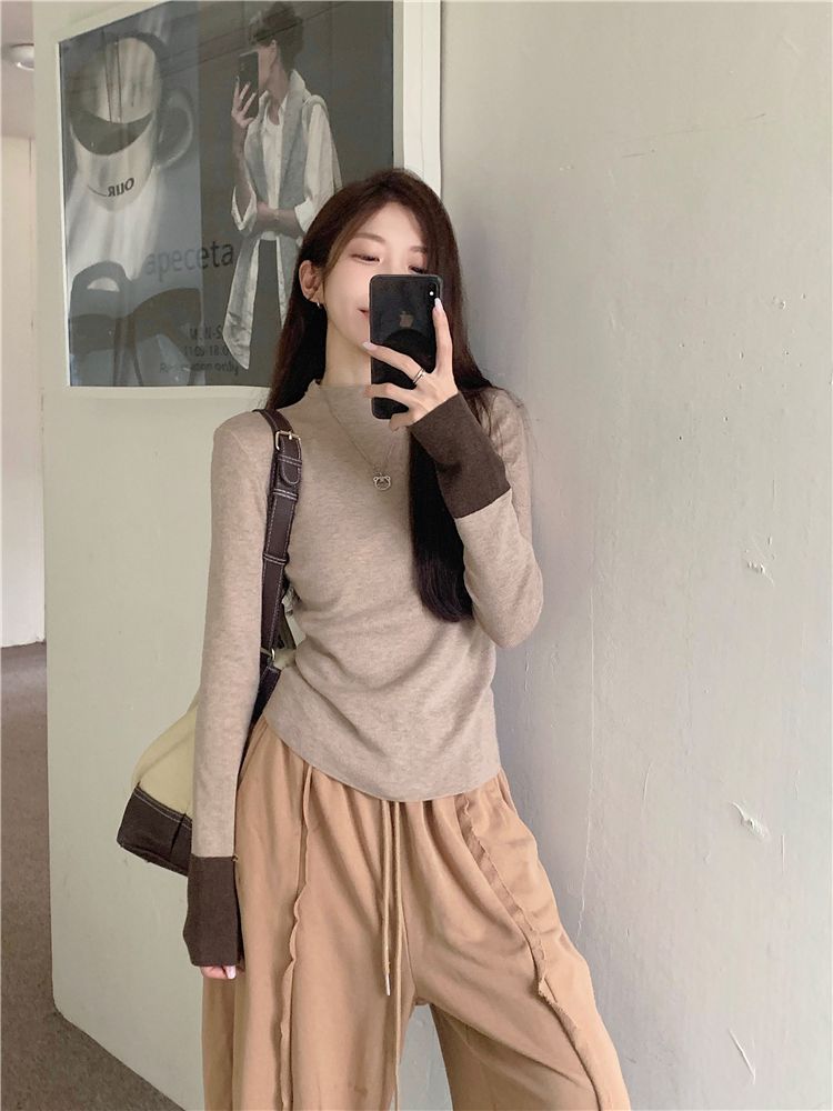 💕通勤百搭撞色長袖針織修身打底上衣