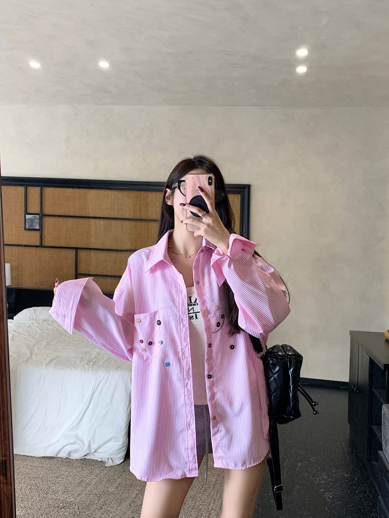 💕青春寬鬆百搭別緻彩色鈕扣條紋襯衫
