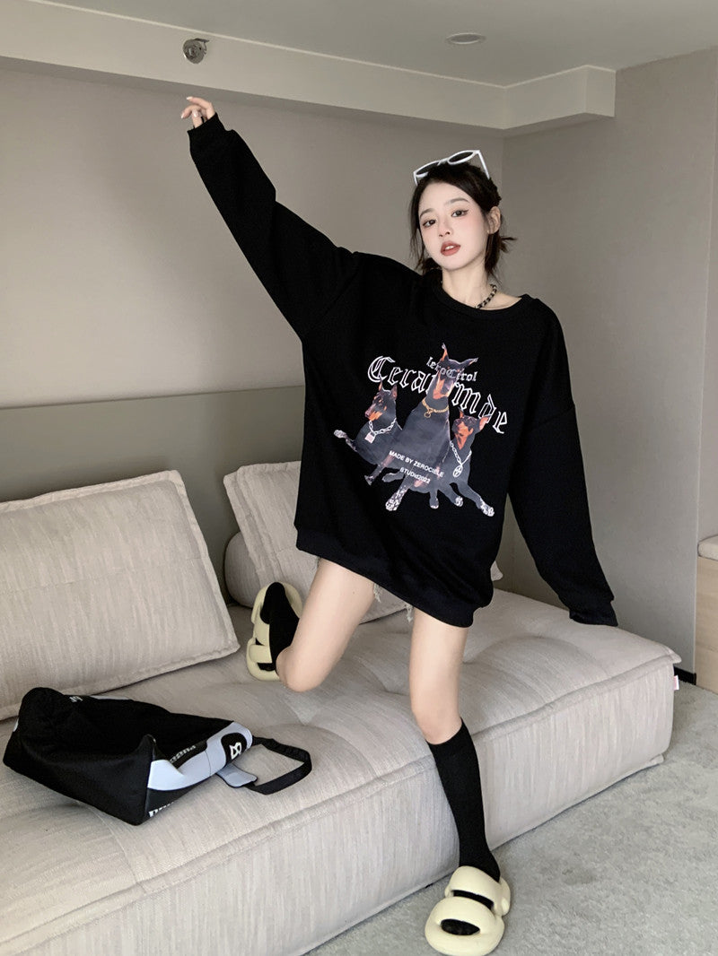 💕美式帥氣杜賓犬印花寬鬆中長衛衣