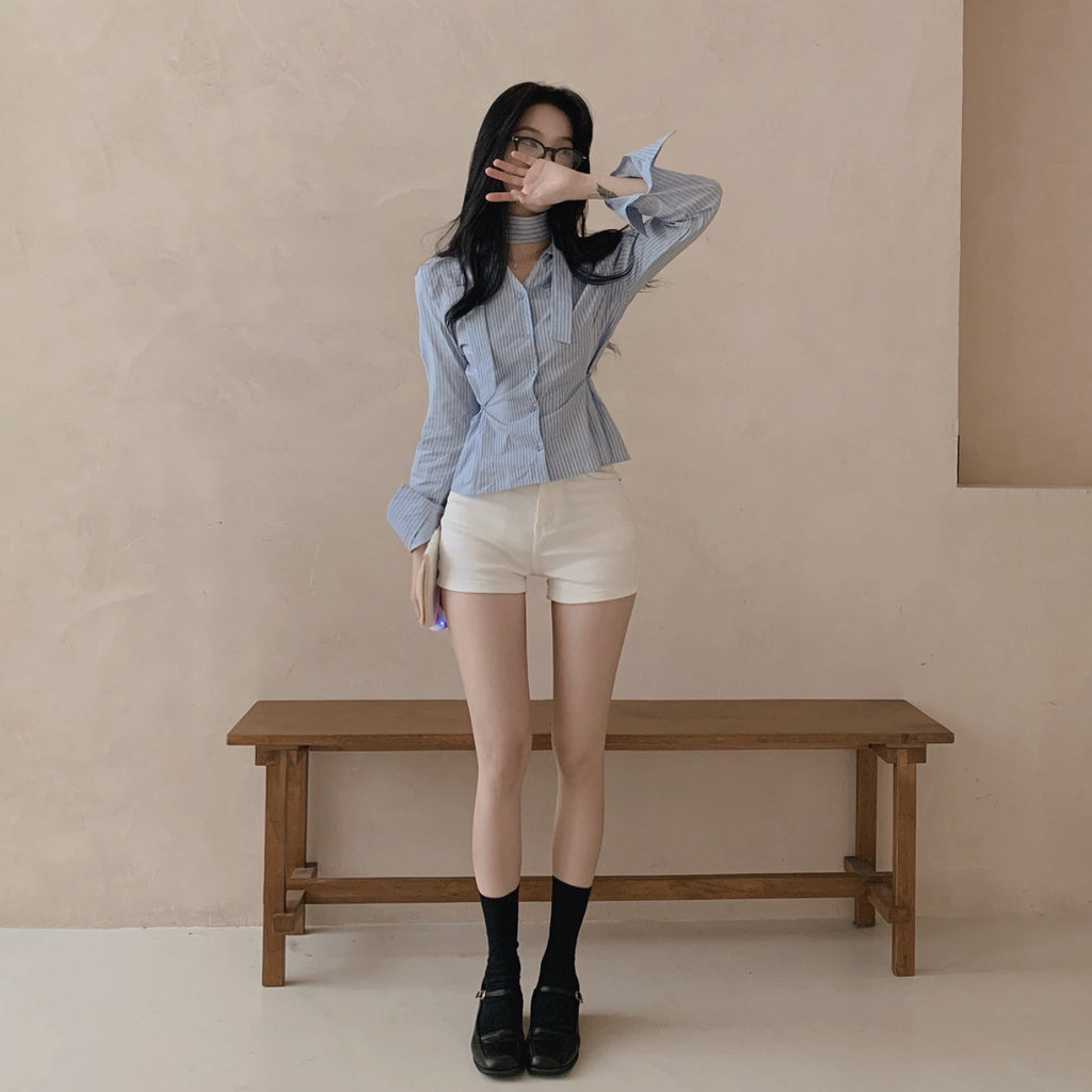 💕韓系小眾V領飄帶收腰百搭條紋上衣