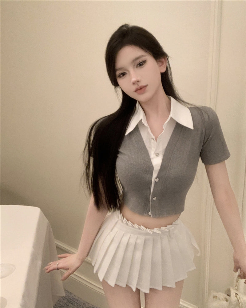 💕韓系氣質假兩件翻領修身短款針織衫