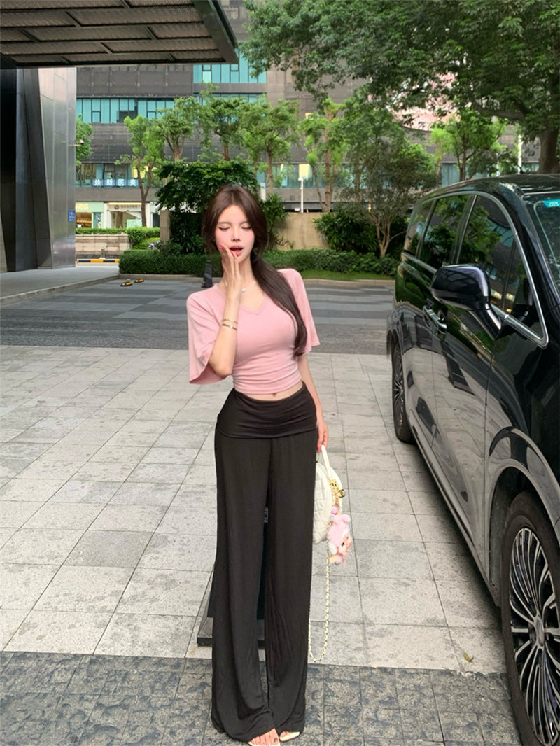 💕慵懶風V領收腰顯瘦蝙蝠袖上衣&直筒褲套裝