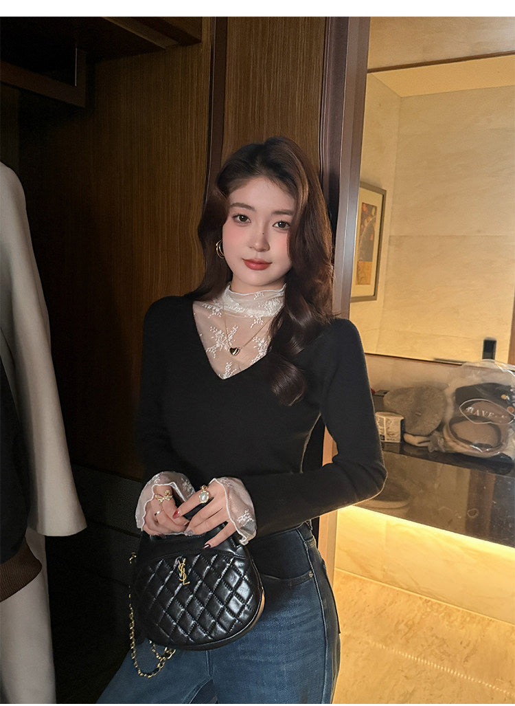 💕白色V領假兩件蕾絲打底衫上衣
