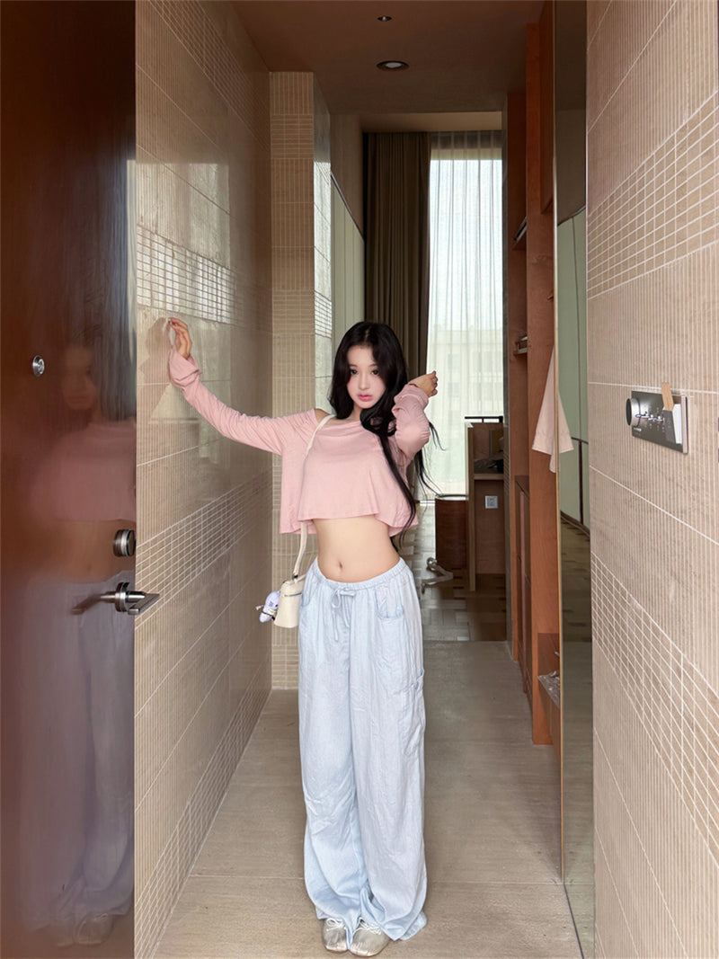💕溫柔懶人斜肩長袖短款露臍上衣&條紋寬褲兩件套