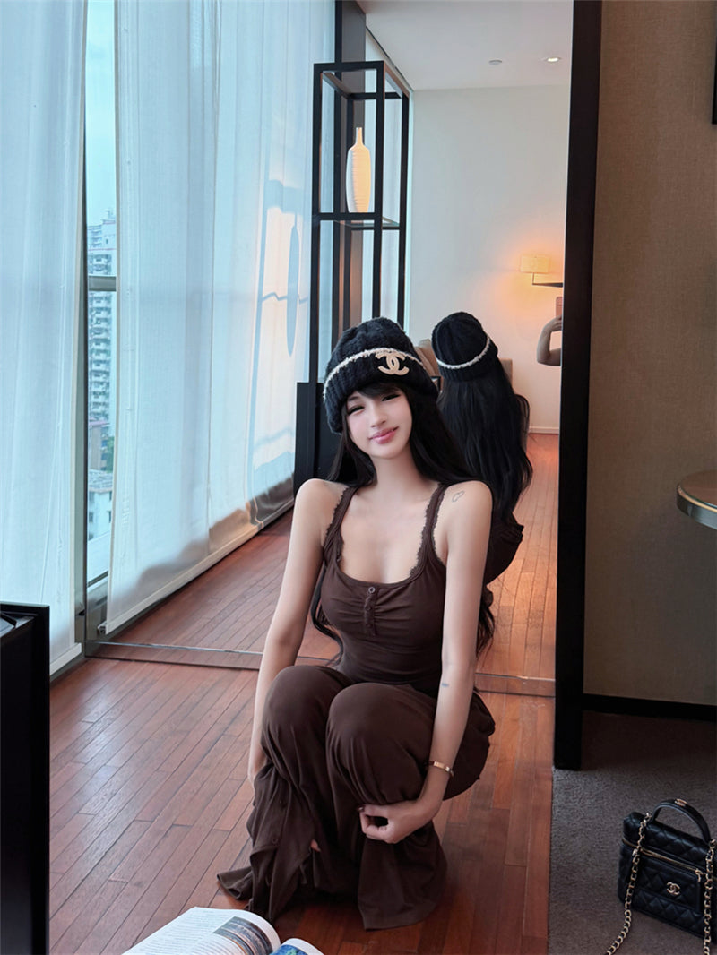 💕秋季復古性感蕾絲掛脖吊帶闊腿長褲套裝