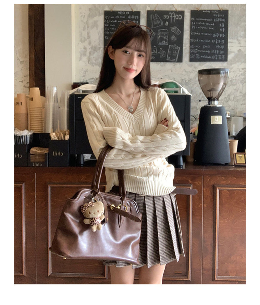 💕韓系慵懶風V領麻花加厚寬鬆毛衣