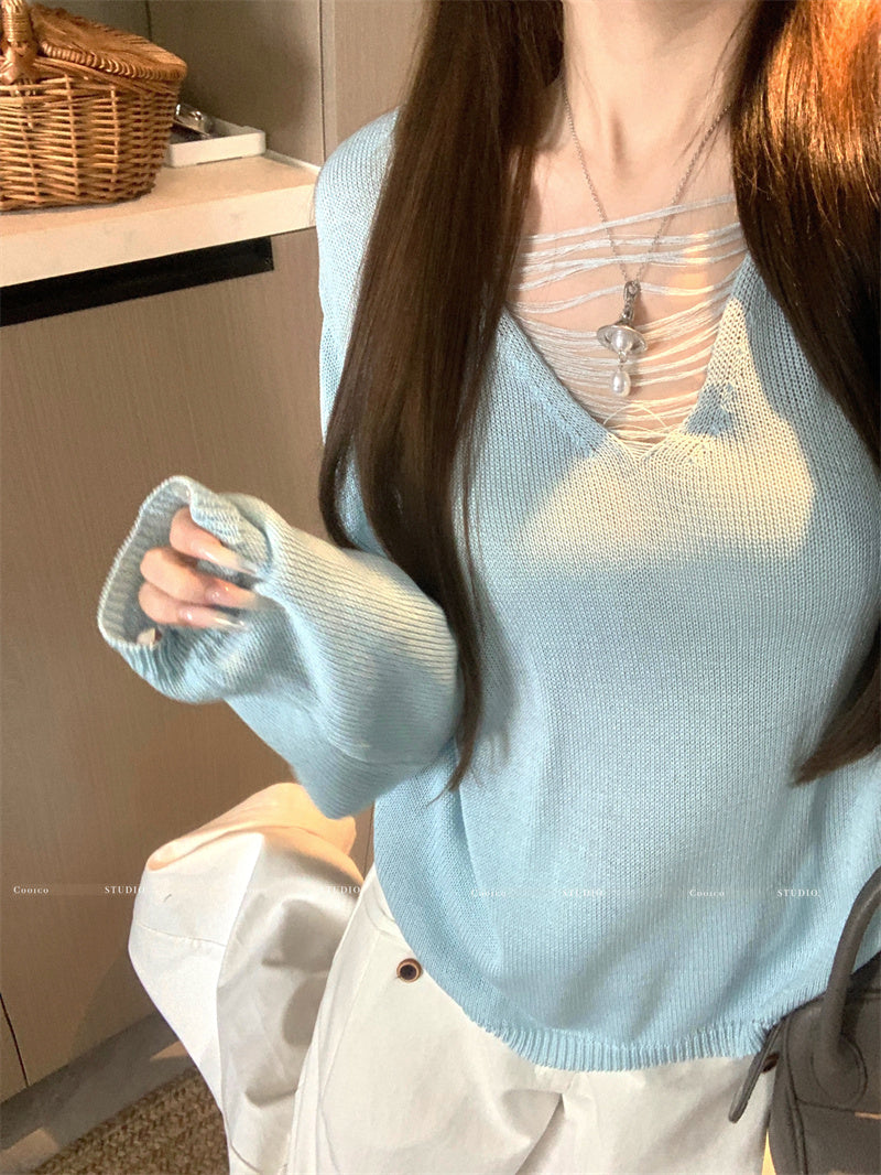 💕大V領微縷空針織防曬罩衫