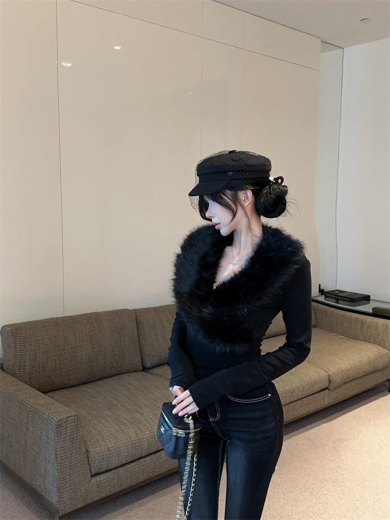 💕純欲辣妹毛領拼接V領長袖修身上衣