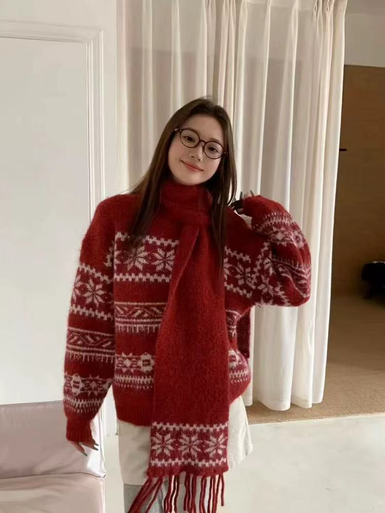 💕韓系圓領復古緹花拚色軟糯針織帶圍巾打底毛衣