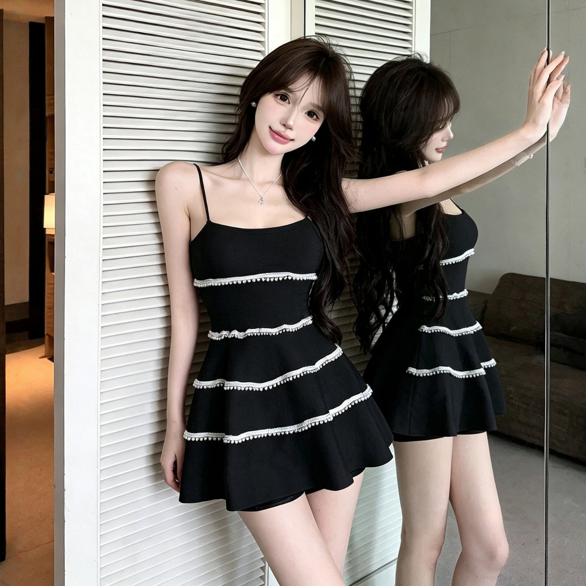 💕溫柔約會無袖吊帶珍珠邊背心上衣