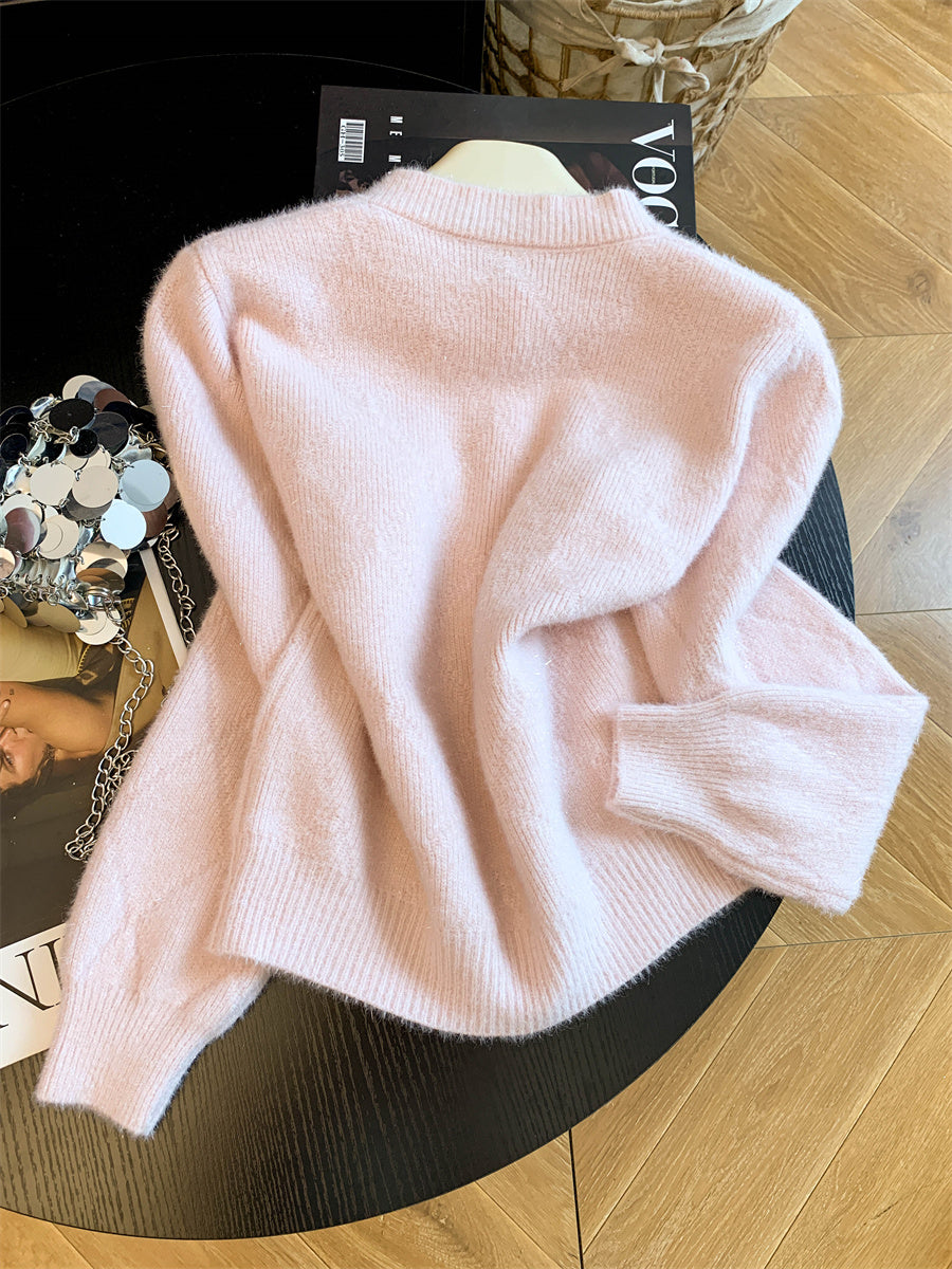 💕韓系軟糯立體蝴蝶結釘珠針織開衫毛衣